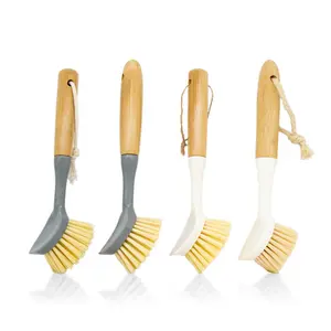 Dish Brushes with Bamboo Handle and Built-In Scraper for Pans Pots Kitchen Sink Cleaning