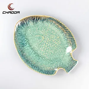 Hot Sale Restaurant Home Used Blue Hand Painted Chinese Japanese Style Oval Plates Fish Shaped Ceramic Plate For Serving