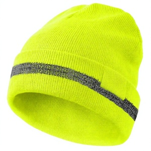 Neon <b>Green</b> Heavyweight Knit <b>Beanie</b> Striped Cuffed Winter Hat Custom Logo Thermal Fleece Lined Cap for Outdoor - Product Image 2