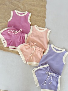Ensemble 2 pièces pour filles, débardeur sans manches et short, couleur unie, coton respirant, bas à cordon de serrage, tenue d'été pour tout-petits - Product Image 1
