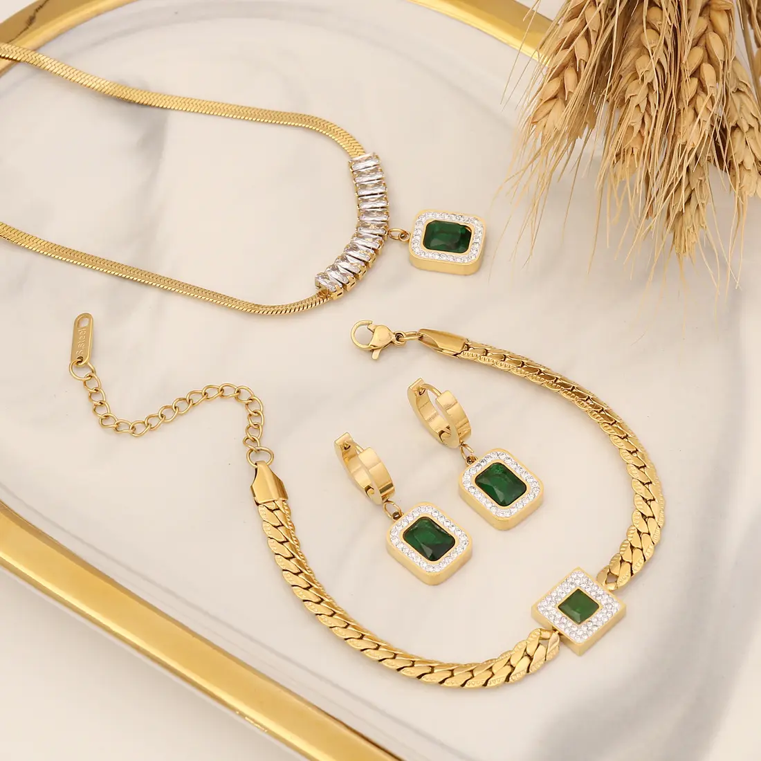 Fashion Statement 18K Vergulde Rvs Vierkante Smaragd Zirkoon Sieraden Set Voor Vrouwen