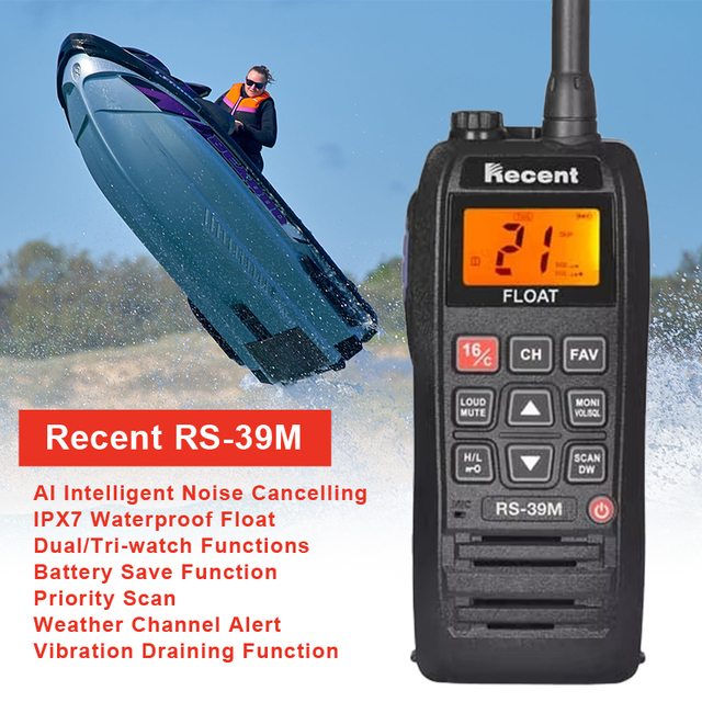 Recent RS-39M 6W IPX7 Waterproof Float VHF Marine Radio with Weather Alarm Noise Cancelling Handheld Transceiver Walkie Talkie
