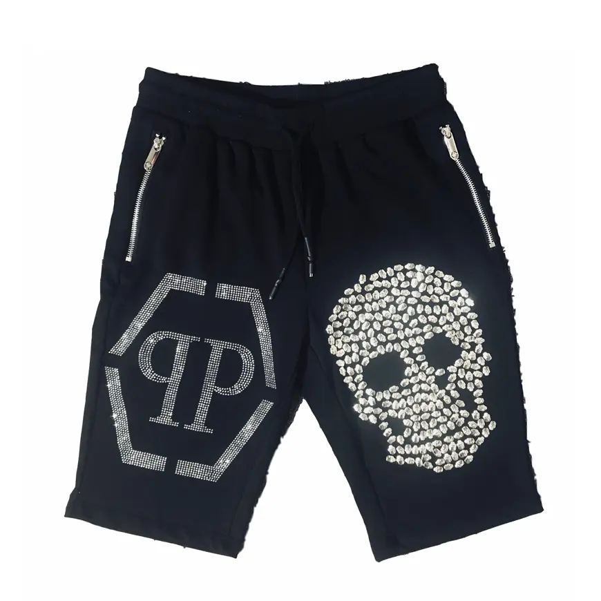 Wholesale Fashion Sequined skull short 100% cotton soft cloth custom oversize short pant rhinestone sweat shorts for men