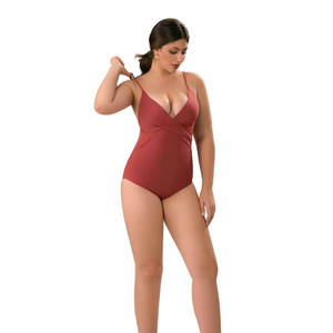 Costume da bagno intero HDJ Plus Size con controllo pancia, scollo a V profondo, rosso vino BZ77069 - Product Image 4