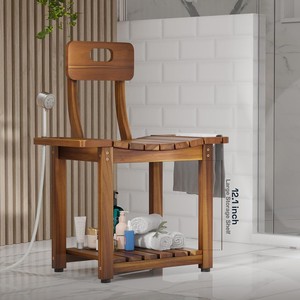 Tabouret de salle de bain en bois Jiang Fang avec étagère de rangement 12,1 pouces pour la douche et les toilettes - Product Image 1