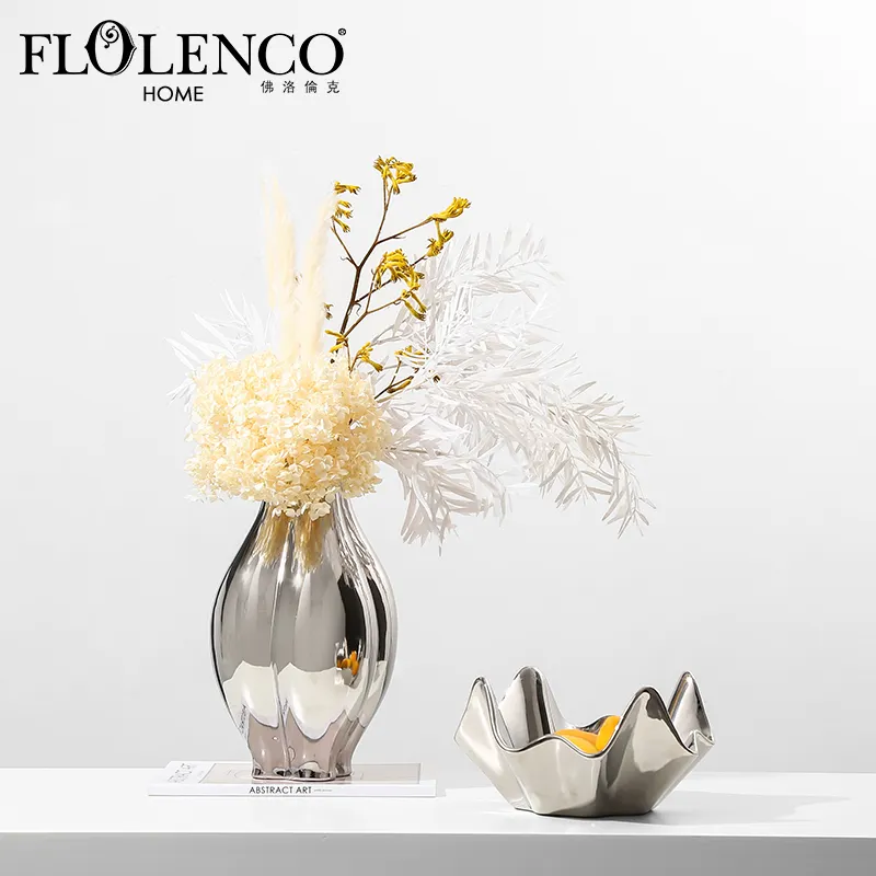 FLOLENCO แจกันดอกไม้ประดับบ้าน,แจกันเซรามิกตกแต่งห้องนั่งเล่นตั้งโต๊ะสำนักงานหรูหรา