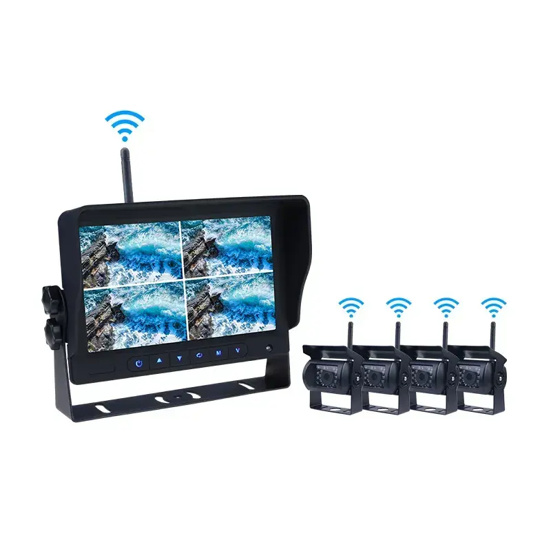 7 Zoll Wireless Quad Split Car Monitor 1080P Drahtloses Rückfahr system 4 HD-Kanäle und digitale drahtlose DVR 2.4G-Rückfahr kamera