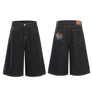 Shorts en jean selvedge vintage unisexe Hong Kong, coupe ample, broderie feu d'artifice, coton de haute qualité, streetwear - Product Image 1