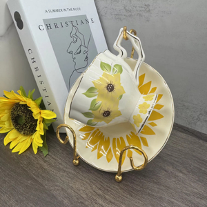 Elegant Sunflower Floral Design Porcelain Eco-friendly Modern Afternoon Tea <b>Cup</b> Matching Saucer <b>Set</b> with Gold Rim 220ml Capacity - Product Image 2