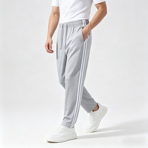 Summer Men Lightweight Two Side Stripes Interlock Fabric Straight Leg Sweatpants <b>Drawstring</b> Casual Jogging <b>Trousers</b> Waist Logo - Product Image 1