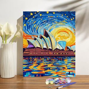 Pintura por Números de la Casa de la Ópera de Sídney <span class=keywords><strong>con</strong></span> Textura de Mosaico y Diseño de Noche Estrellada, Envío Rápido de Songwoo, Pintura Digital al Óleo de Arquitectura Famosa - Product Image 3