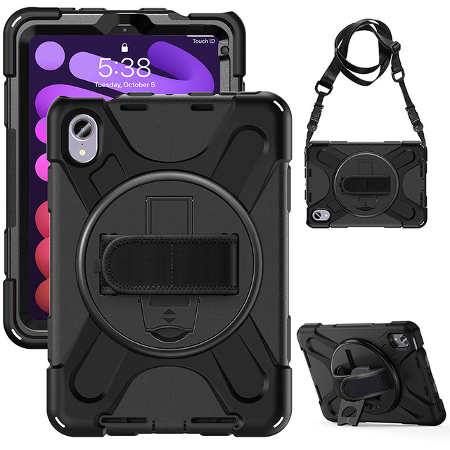 Hot Sale Soft Silicone Shockproof Tablet case for Apple iPad Mini 6 Mini 7 Shoulder Belt Rotating Kickstand Cover
