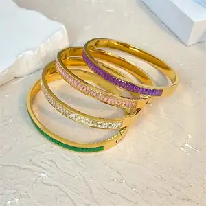 Luxury titanium steel bracelet jewelry Inlaid half circle colored rectangular zircon stainless steel gold-plated bangle