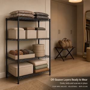 Organizzatore per Armadio a 4 Ripiani, Scaffale in Filo Metallico Nero, Montaggio Senza Attrezzi, Unità Metallica per Camera da Letto - Product Image 1