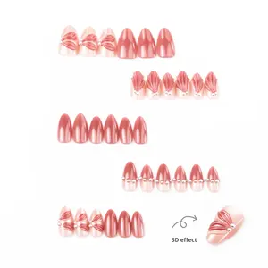 30 Piezas <span class=keywords><strong>de</strong></span> <span class=keywords><strong>Uñas</strong></span> Acrílicas Reutilizables con Diseño <span class=keywords><strong>de</strong></span> Ojo <span class=keywords><strong>de</strong></span> Gato Francés Rosa, Adornadas con Perlas y Lazo Tridimensional - Product Image 3