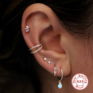Boucle d'oreille créole double couche en argent sterling S925 avec diamants, style simple et tendance, pour cartilage - Product Image 1