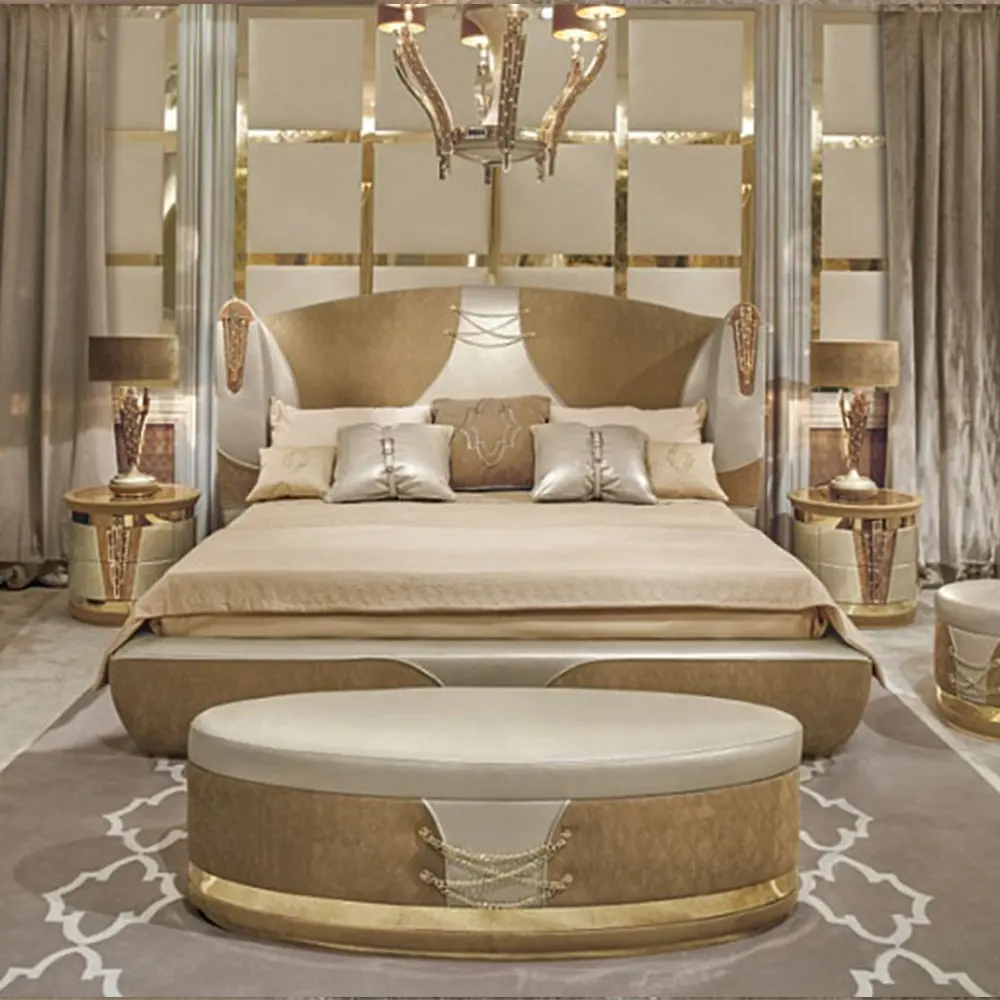 नवीनतम लक्जरी इतालवी स्टाइलिश चारपाई की अगली पीठ बेडरूम फर्नीचर सेट के साथ उच्च अंत सफेद चमड़े के राजा आकार बिस्तर बेडसाइड टेबल
