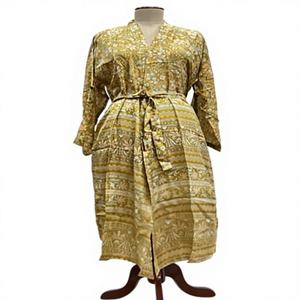 Indian Silk Floral Summer <b>Long</b> <b>Kimono</b> Boho <b>Robe</b> V-neck Drawstring Closure Beach Cover-Up Comfortable Dressing Gown Handmade - Product Image 1