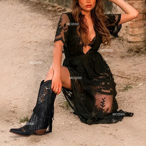 Botas de vaquero occidentales para mujer Elegantes botas de borla de piel sintética de tacón grueso con punta en pico a media pantorrilla para <span class=keywords><strong>la</strong></span> vaquera moderna - Product Image 6