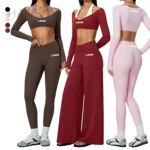 OEM Women Custom Logo Halter Neck <b>Long</b> Sleeve Crop Vest Cross V Waist Yoga <b>Leggings</b> Wide Leg Pants Sports Gym Activewear Set - Product Image 1