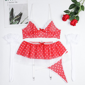 Hot Girls Embroidery Lace Sexy Mesh Lingerie for Women Embroidery Transparent Four Piece Underwear and Short <b>Skirt</b> Set for Women - Product Image 6