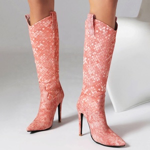 Retro Large Size 47 Women's Knee-high Thin Heel Knight Boots Pointed Toe on Denim Fabric Booties Wide Fit <b>Shoes</b> - Product Image 2