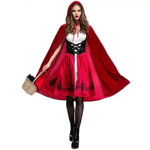 Women Little Red Riding Hood Costume Christmas Halloween Party Dress with Cape