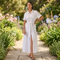 Gaun Kemeja Putih 100% Linen untuk Wanita - Gaun Maxi Lengan Pendek Kancing Depan dengan Belahan Samping & Ikat Pinggang, Bahan Bernapas untuk Musim Panas