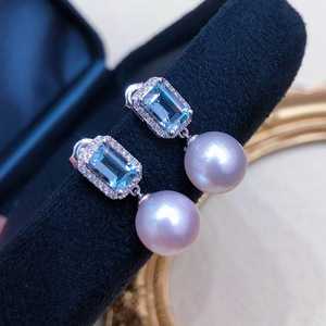 E2622 Orecchini pendenti in oro bianco con zirconi blu e perle finte, gioielli classici da festa per donna - Product Image 4
