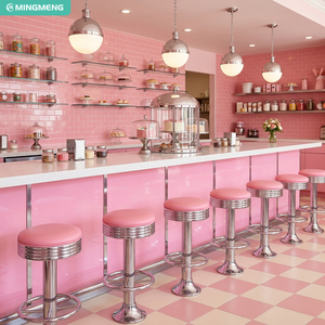 Vintage American Diner Seating <b>Set</b> Pink PU Booth Bench Chrome Base Round Table Metal Swivel Bar Stool For Ice Cream Restaurant - Product Image 3