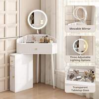 Ensemble de coiffeuse moderne en bois durable avec miroir rotatif rétractable et éclairage, plateau en verre, blanc, pour chambre à coucher - Vente en gros