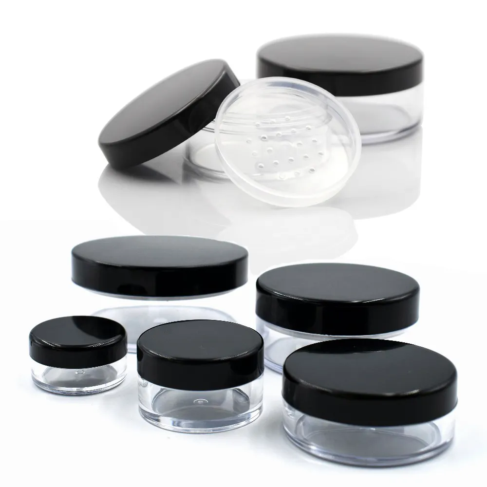 3g 5g 10g 20g 30g 50g Small round plastic cosmetic containers 10g 30g 50g plastic loose powder case with sifter screw black lid