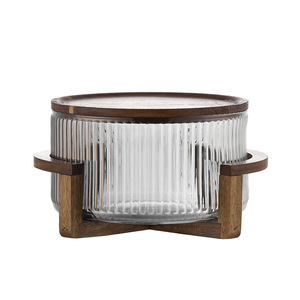 Bol à fruits en verre à rayures verticales minimalistes, bol à salade, bol à collations avec couvercle en bambou et support en bois - Product Image 4
