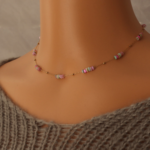 Macaron Dreamy Color Nature Beads Cadena Collar Pulsera Conjuntos Chapado en oro Conjunto de joyas de acero inoxidable Girly Pink Beads Chain - Product Image 6