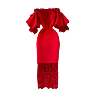 复古法国收腰红色臀部包裹连衣裙长裙蕾丝拼接脱肩灯笼袖连衣裙