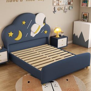 Cama <span class=keywords><strong>Infantil</strong></span> Moderna y Minimalista, Resistente, para Niños, de 1.35m y 1.5m, de Madera Maciza, de 1.8m, con Diseño de Astronauta Espacial de Cuero, para <span class=keywords><strong>Dormitorio</strong></span> - Product Image 4