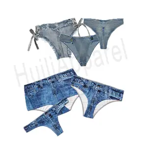 Manufacturer High Quality Denim Jean Bikini Set Sexy Halter Lace Up Mini Micro Distressed High Waist Swimwear Swimsuit For Women