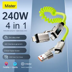 240W Affichage Numérique <span class=keywords><strong>Charge</strong></span> Rapide 2m Type-C Conversion Socket Ressort Télescopique En Alliage De Zinc 4-en-1 <span class=keywords><strong>Charge</strong></span> Câble De Données IOS TPE - Product Image 2