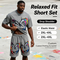 Ensemble de sport décontracté deux pièces pour hommes, motif graffiti, t-shirt et short amples grande taille, personnalisable avec impression sur mesure