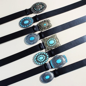 Ceinture rétro noire en cuir PU Western Cowboy Cowgirl <span class=keywords><strong>de</strong></span> Bohème Ceinture à boucle <span class=keywords><strong>de</strong></span> conque bleu turquoise pour <span class=keywords><strong>Mena</strong></span> et femmes - Product Image 1