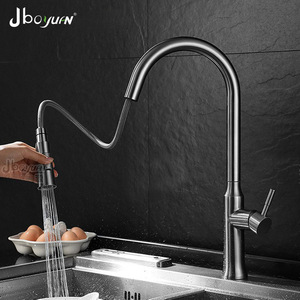 Jboyun Kitchen Faucet 304 Stainless Steel Pull Out <b>Spray</b> Single Handle Deck <b>Mounted</b> Modern Style Ceramic Valve Core - Product Image 1