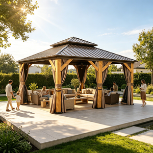 Grand gazebo en bois de cèdre avec toit rigide, rideaux et moustiquaire, pavillon extérieur résistant aux intempéries <span class=keywords><strong>pour</strong></span> les événements familiaux dans la cour - Product Image 1