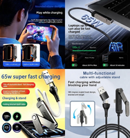 Câble de charge ultra-rapide 65W 2-en-1 avec support pliable multi-angle réglable USB/Type-C, conception triple pliage pour téléphones et tablettes