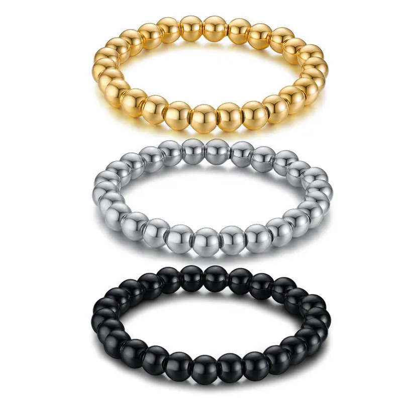 Tarnish Free Stainless Steel Elastic Ball Beaded Bracelets Waterproof Handmade 6mm Beads Stretch Gold Bracelet For Men Women
