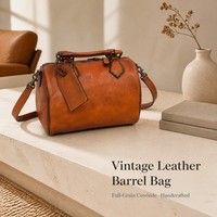 Sac Boston Rétro en Cuir Pleine Fleur Véritable Imperméable à Bandoulière Unique, Style Vintage, Vente Directe Usine, pour Femme