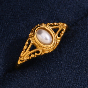 2026 Vintage Hollow Carved Oval Natural Pearl Inlaid Stainless Steel 18K Gold Plated <b>Retro</b> Women Statement Stackable Finger Ring - Product Image 6