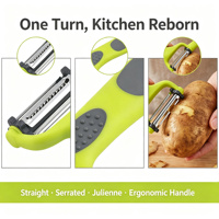 3-in-1 draaibare fruit- en groenteschiller met roestvrijstalen mes, antislip handvat, keukenschiller, -snijder en -rasp