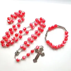 support custom red beads rosary neckalce and bracelet religious jewelry set