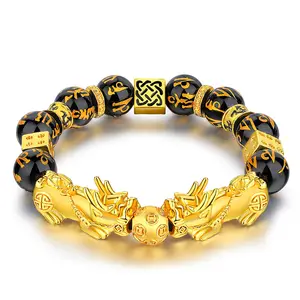 Fashion Gold Verzilverd Zes Woord Mantra Zwart Obsidiaan Kralen Vrouwen Goede Geluk Fortuin Wealth Piyao Feng Shui Bixie Armband