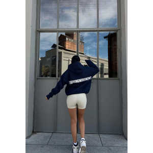 Sweat-shirt à capuche en soie bleu marine pour femme, coupe oversize, avec poche kangourou, motif brodé et imprimé, manteau d'hiver long doublé, fermeture éclair, taille XS - Product Image 3